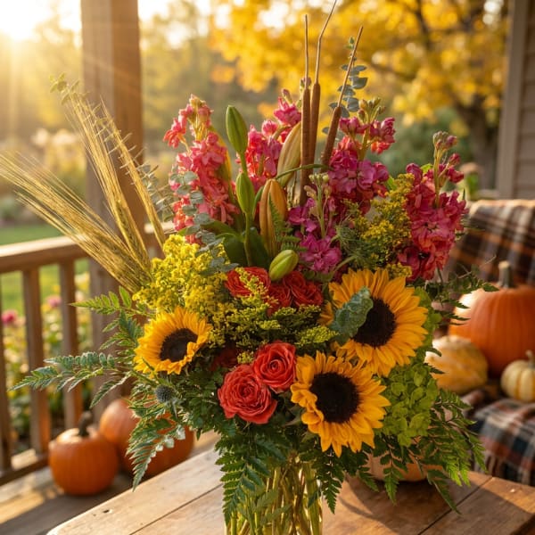 Sunflower and rose arrangement in a glass vase with autumn accents