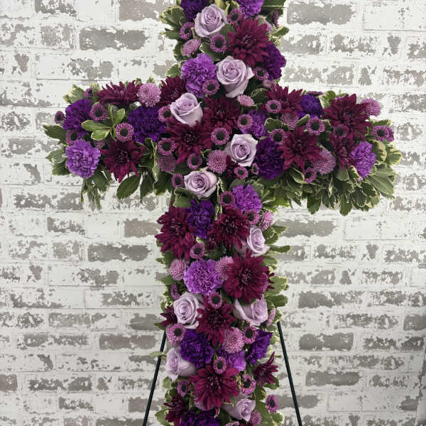 Purple & Lavender Cross Sympathy Floral Arrangement