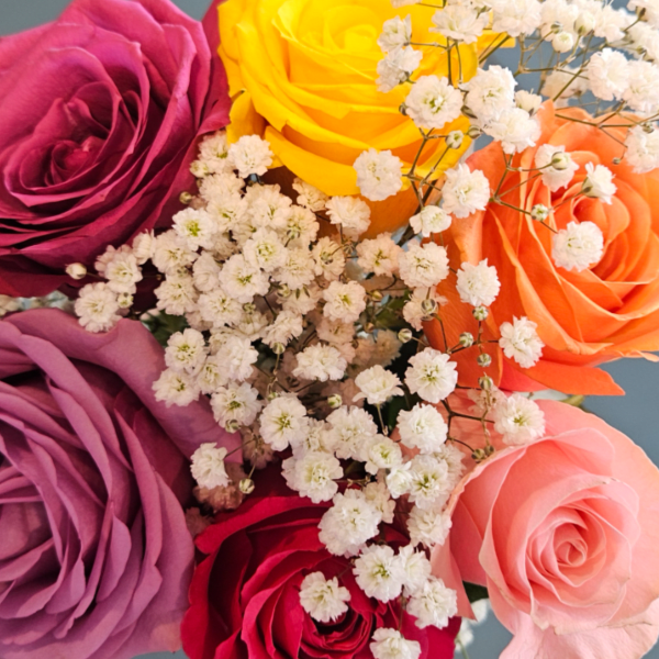 Bouquet of multicolored roses with white baby's breath