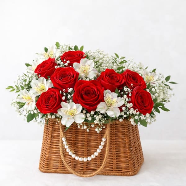 Red roses and white flowers in a wicker basket with pearl handles