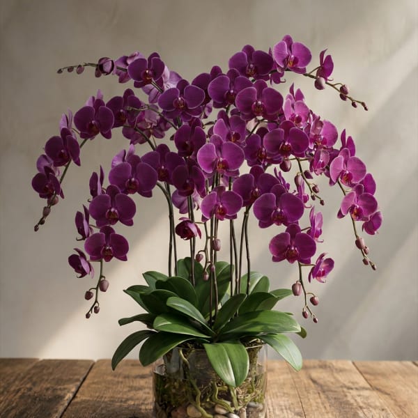 Purple orchid plant in a glass vase with pebbles