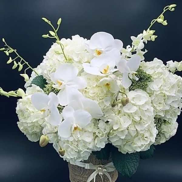 White hydrangea and orchid arrangement in a wrapped vase