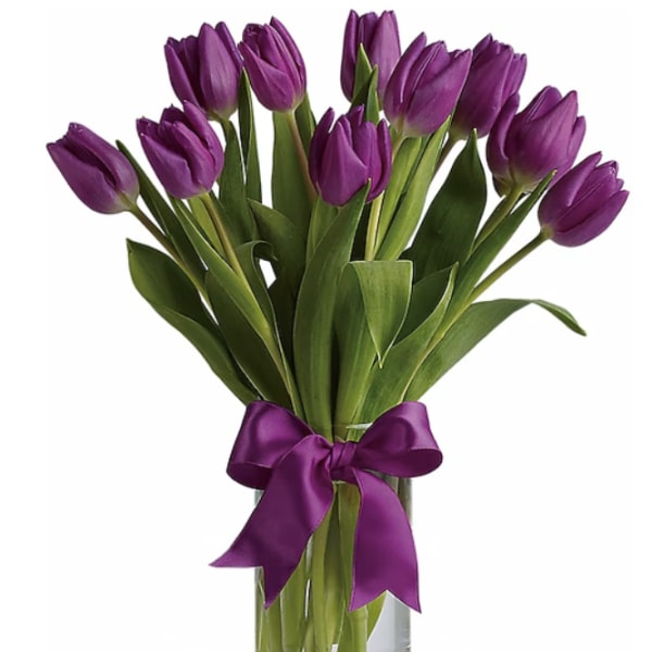 Purple tulips in a clear glass vase tied with a purple ribbon