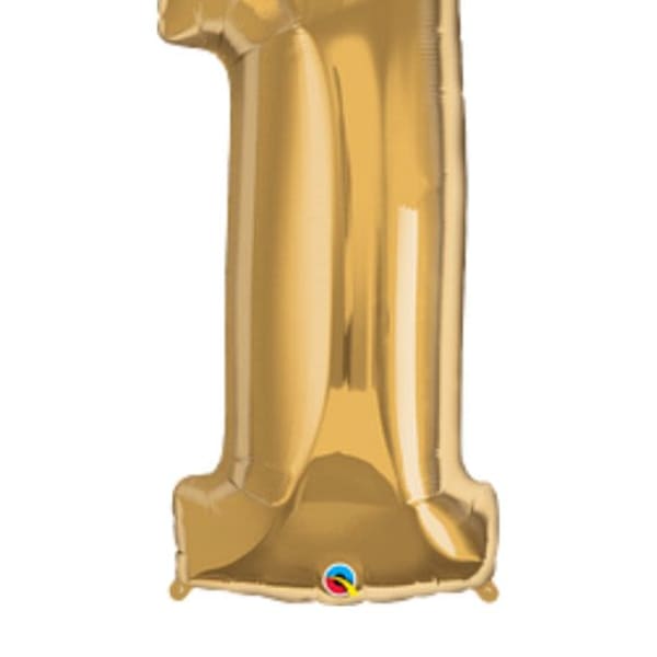 Gold foil balloon shaped like the number 1