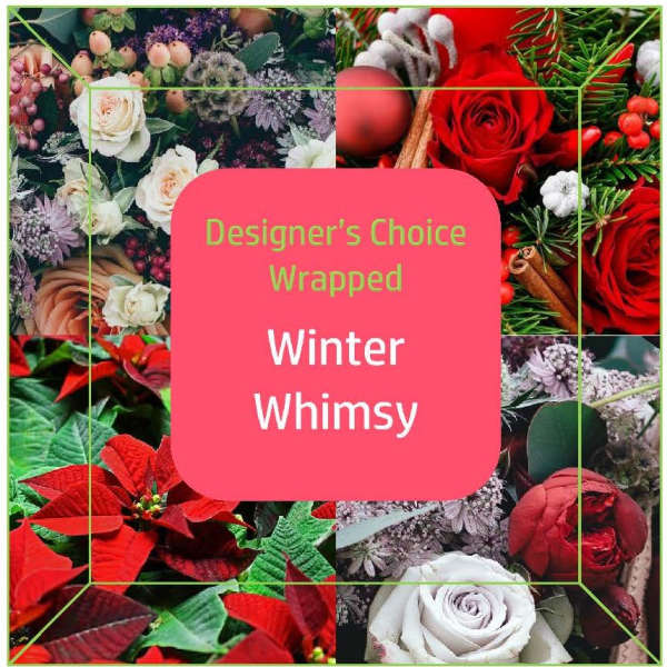 Winter-themed floral collage with roses and poinsettias around a text panel