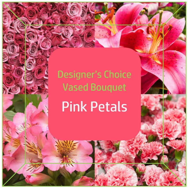Pink floral collage with roses, lilies, and carnations around a bouquet label