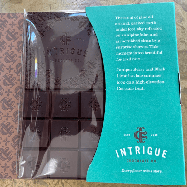 Intrigue Chocolate Co. Juniper Berry & Black Lime Chocolate Bar