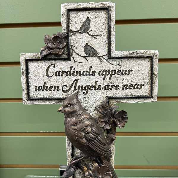 Decorative memorial cross with a cardinal and quote