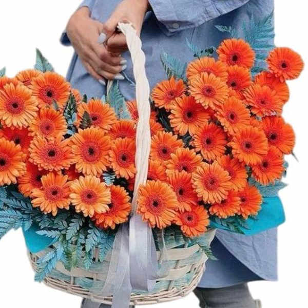 Large basket of orange daisies.