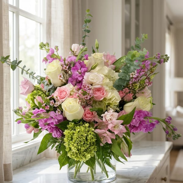 Mixed pink and white flower arrangement in a clear glass vase