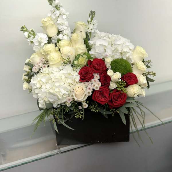 Mixed bouquet of red and white roses with white hydrangeas in a black box