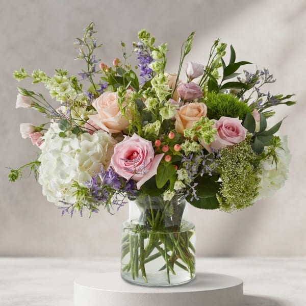 Mixed pastel bouquet of roses, hydrangea, and purple flowers in a glass vase