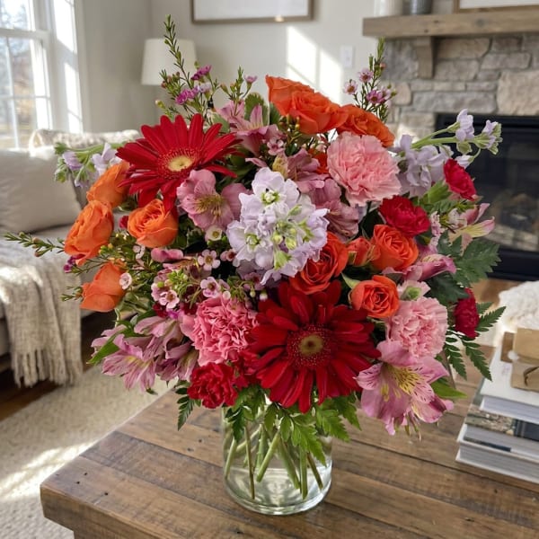 Mixed bouquet of red, orange, and pink flowers in a clear glass vase