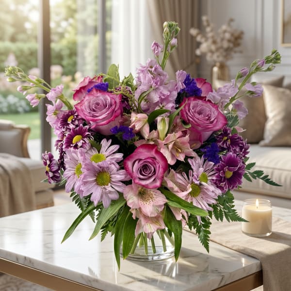 Pink and purple mixed bouquet in a clear glass vase