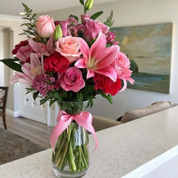 Pink mixed bouquet in a clear glass vase with a pink ribbon