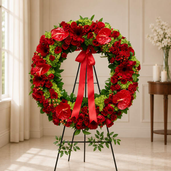 Red floral wreath on a black stand with a ribbon bow