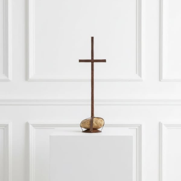 Rustic Cross with caged rock base