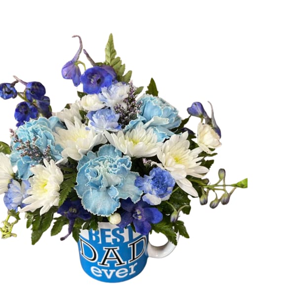 Blue and white flower arrangement in a blue “Best Dad ever” mug