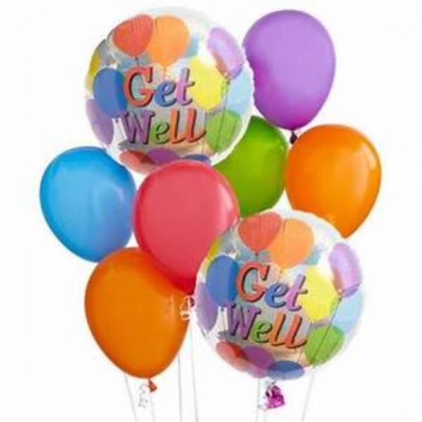 Cluster of colorful balloons, including two clear "Get Well" balloons