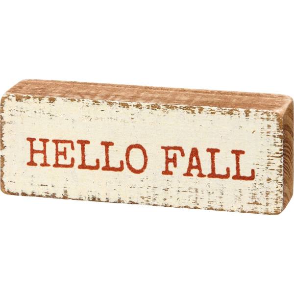 Wooden block sign with the words HELLO FALL