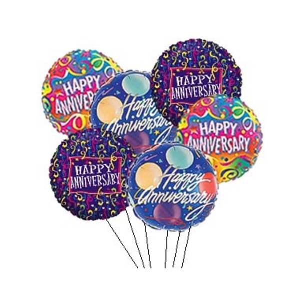 Cluster of colorful Happy Anniversary balloons on sticks