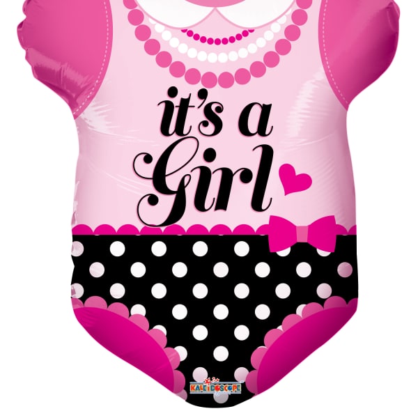 Pink baby girl foil balloon shaped like a onesie