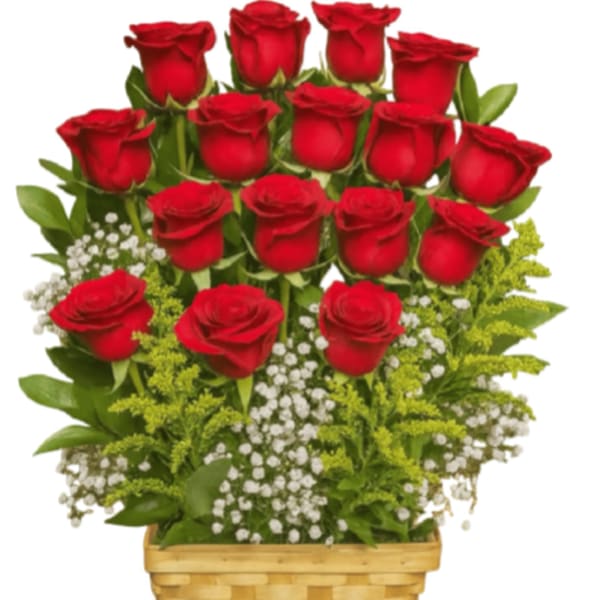 Basket arrangement of red roses with white filler flowers in a woven container