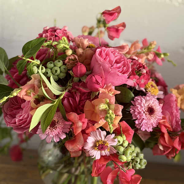 Pink mixed bouquet in a glass vase