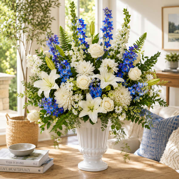White and blue floral arrangement in a white vase