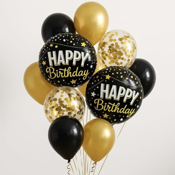 Black & Gold Happy Birthday Balloon Bouquet