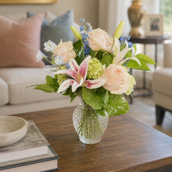 Bouquet of pale roses, lilies, and blue flowers in a glass vase