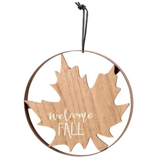 Wooden leaf wall hanging with "welcome FALL" text