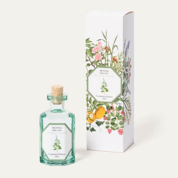 Green glass perfume bottle with matching floral-patterned box