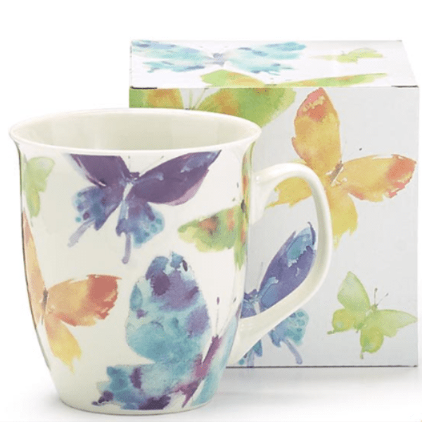 White ceramic mug with colorful watercolor butterflies and matching gift box