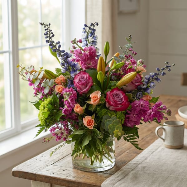 Mixed bouquet of pink roses, lilies, and purple flowers in a glass vase