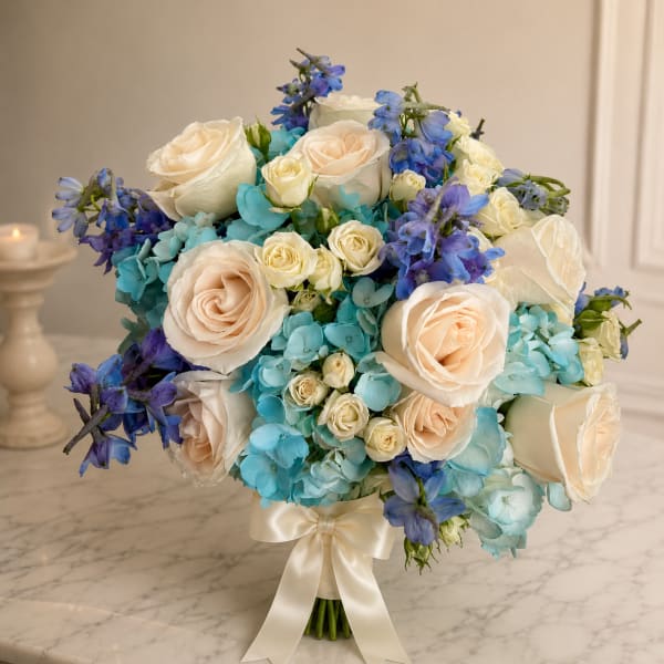 Wedding bouquet of cream roses, blue hydrangeas, and purple flowers tied with a satin ribbon