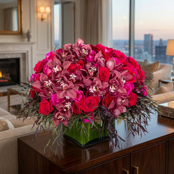 Pink roses and orchids arranged in a square glass vase
