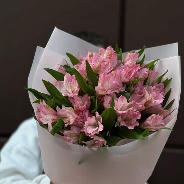 Bouquet of pink alstroemeria wrapped in white paper