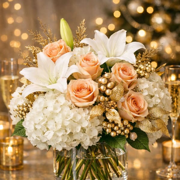 Peach roses and white lilies in a clear glass vase
