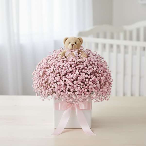 Pink baby's breath arrangement with a teddy bear topper in a white box