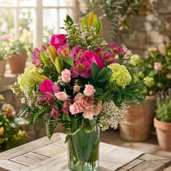 Mixed pink and green floral arrangement in a glass vase