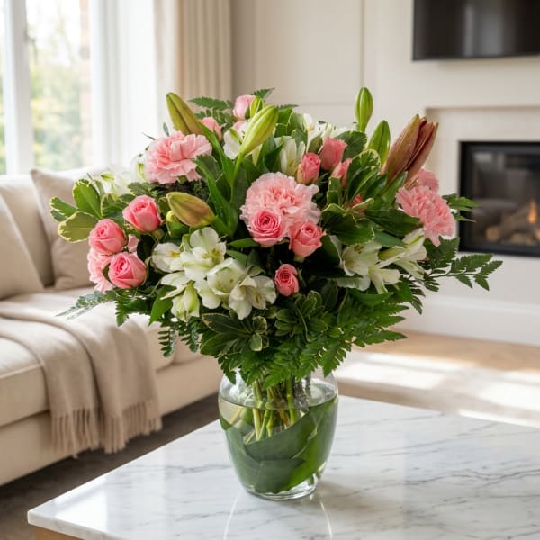 Pink roses, carnations, and white lilies in a clear glass vase