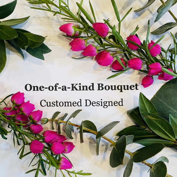 Pink flower sprigs arranged around text on a white background