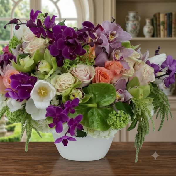 Mixed bouquet of purple orchids, roses, and white blooms in a white vase