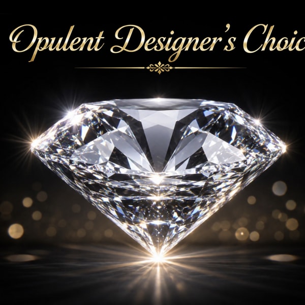 A large faceted diamond on a black background with gold text above it