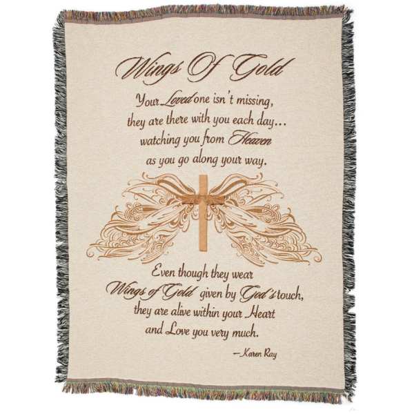 Fringed memorial throw blanket with angel wings and a sympathy poem
