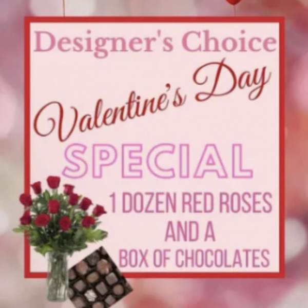 Valentine's Day sign with red roses, chocolates, and heart balloons
