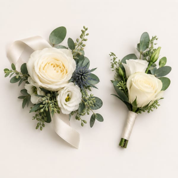 White rose bouquet and matching boutonniere with eucalyptus and ribbon
