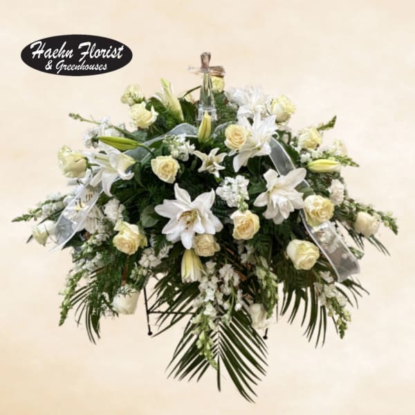 Cross White Casket Spray