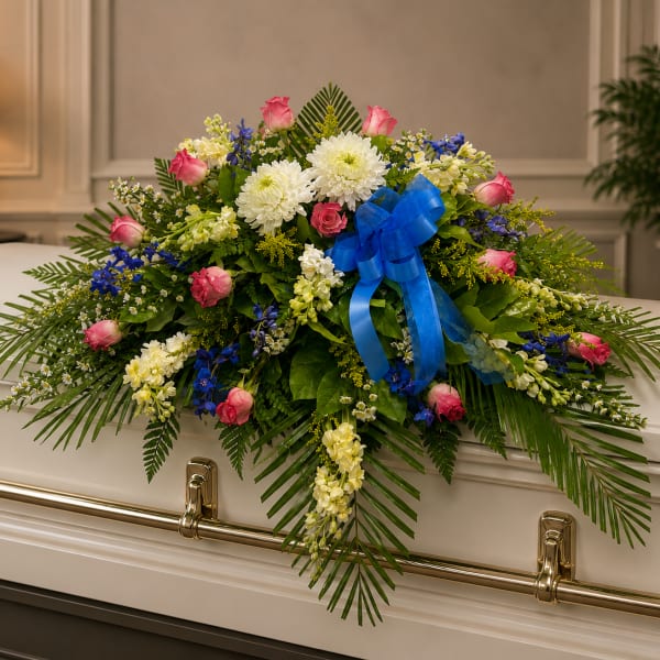 Floral casket spray with pink roses, white mums, and blue ribbon